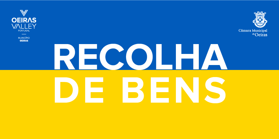 fundo amarelo e azul alusivo à bandeira da Ucrania com indicação de Recolha de bens